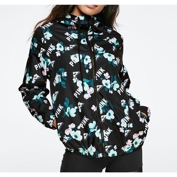 Victoria’s Secret PINK Campus Anorak Jacket Floral Logo Print Sz M/L Hooded - Picture 1 of 8